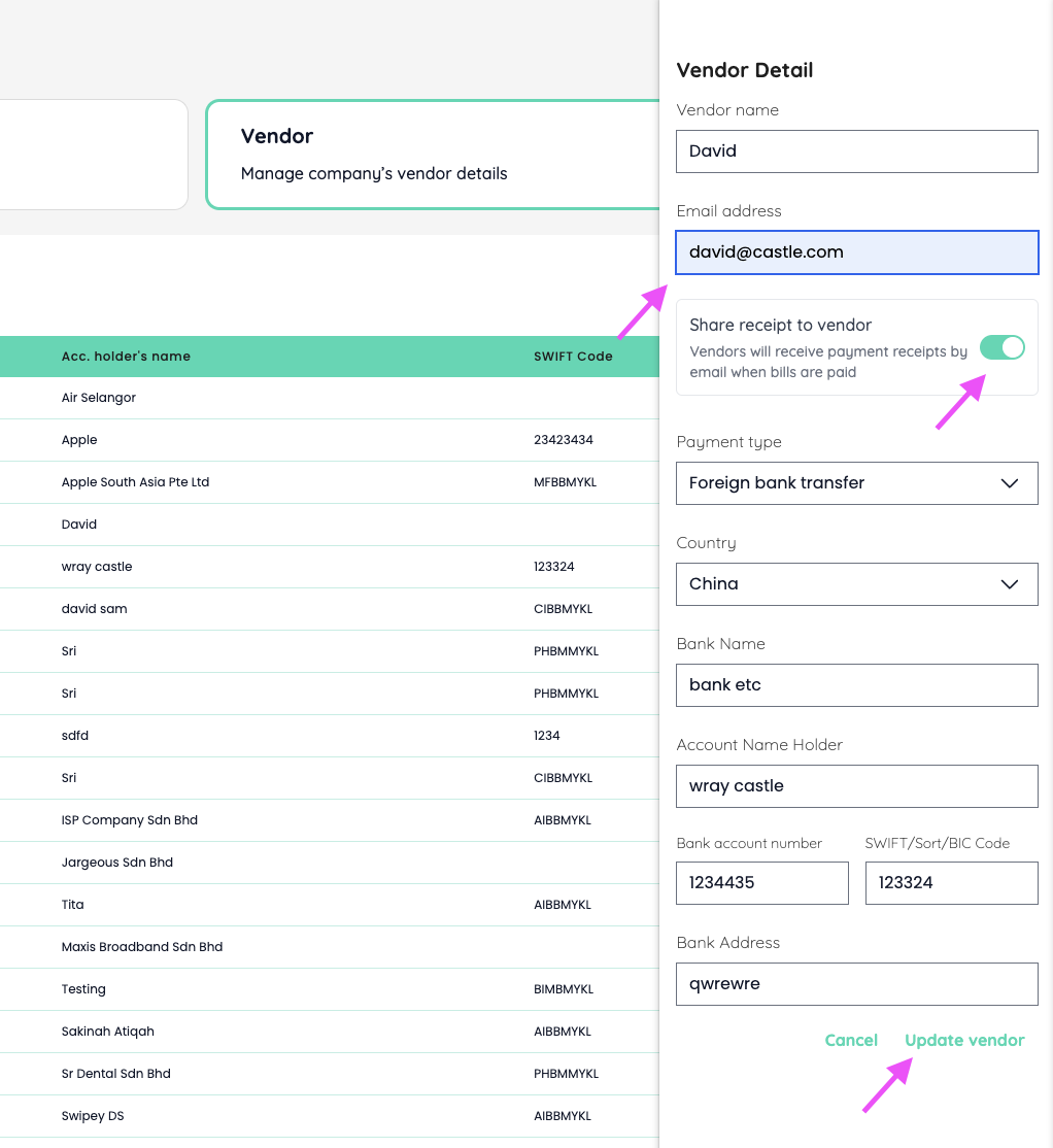 Vendor panel with email and share receipt toggle