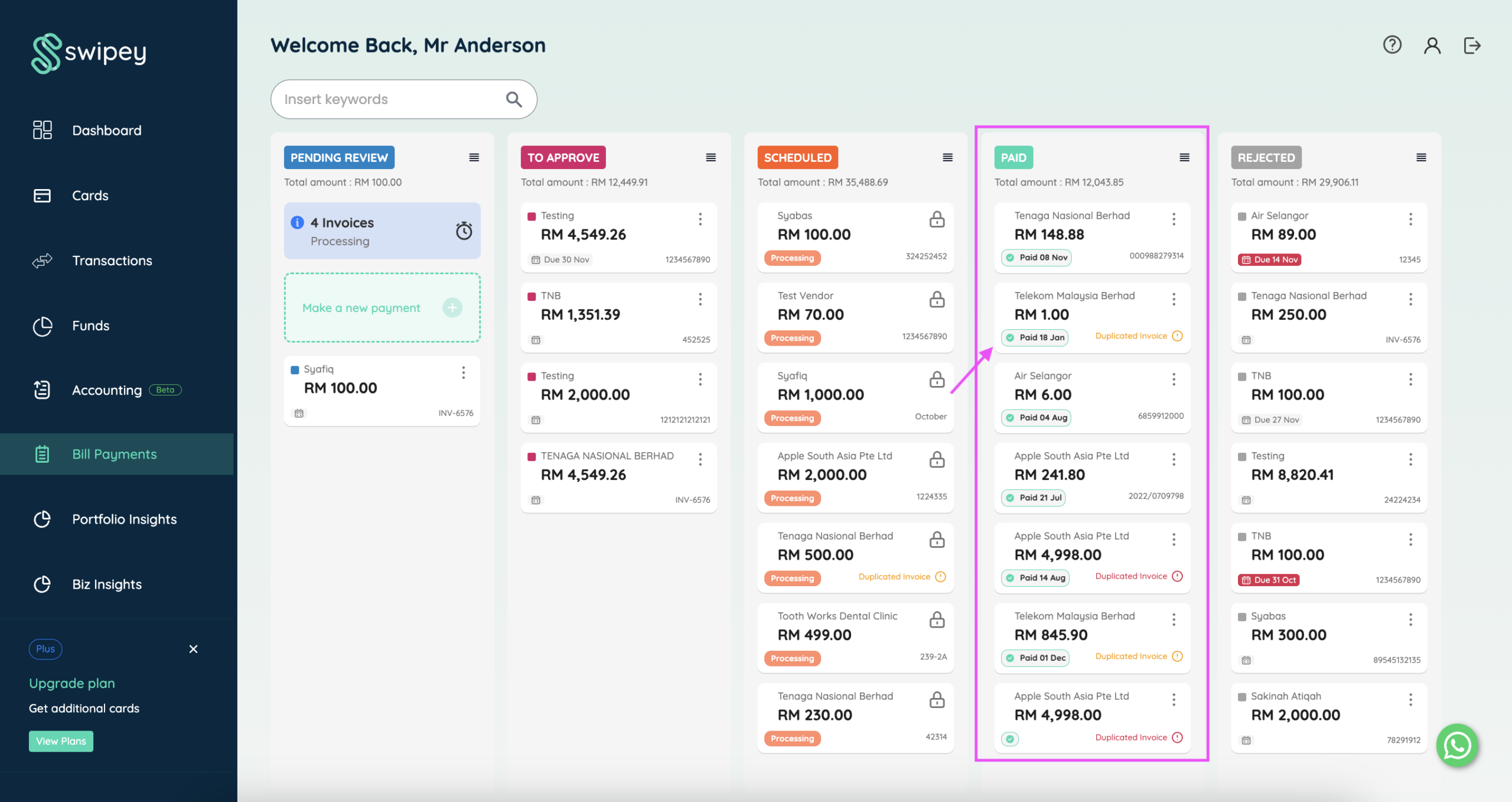 Payouts board with Paid column
